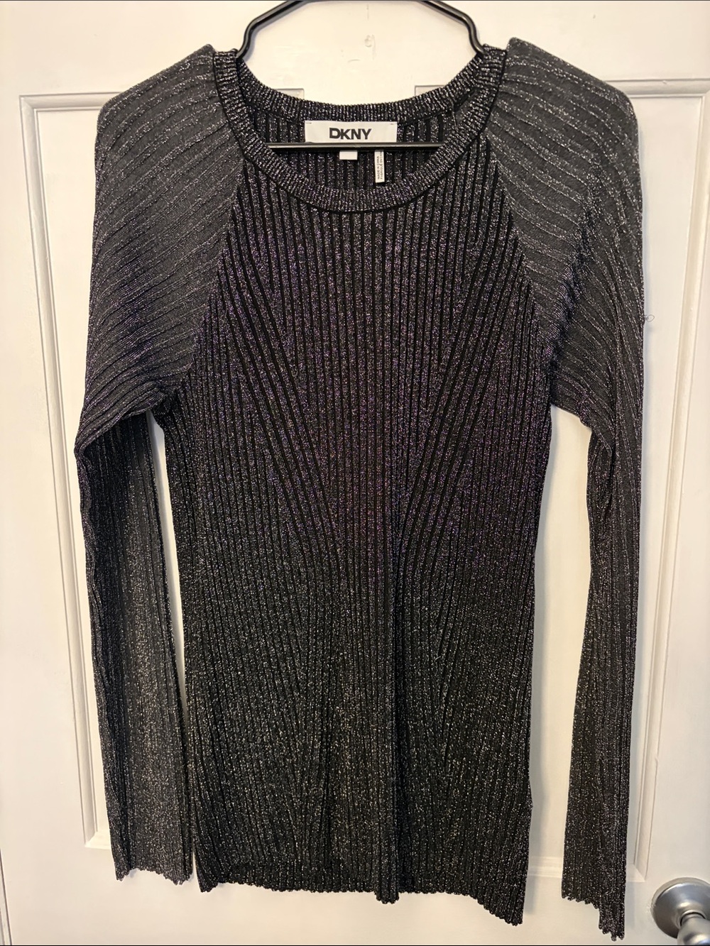 DKNY Black Metallic Ribbed Long Sleeve Knit Dress